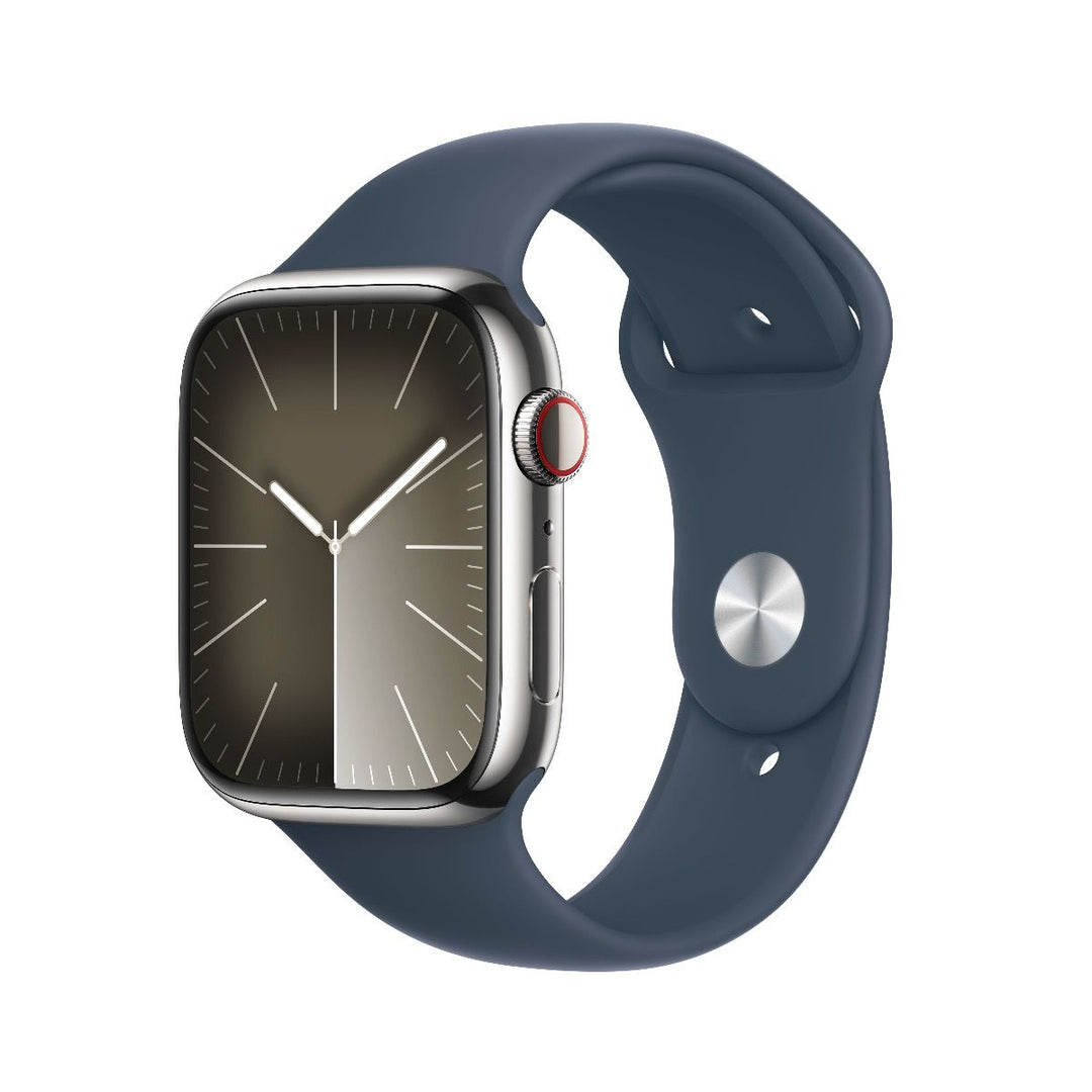 Apple Watch Series 9 Silver Stainless Steel Case with Storm Blue Sport Band